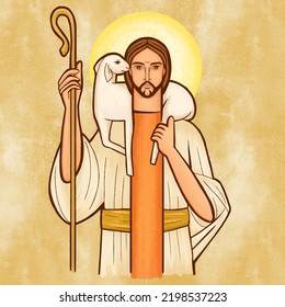 Jesus good Shepherd. Carrying a sheep on his shoulders