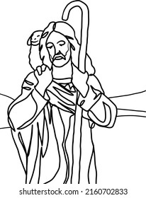 Jesus the Good Shepherd hand drawn one line drawing black and white vector design. Continuous single line drawing of Jesus Christ. Ideal for poster, card, banner, flyer, logo, and emblem.