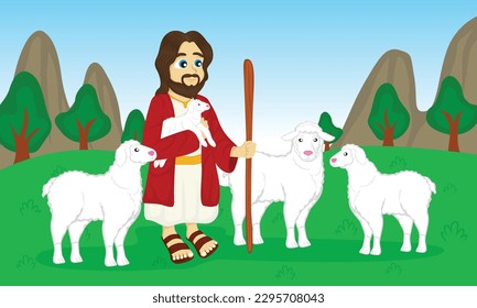 Jesus the good shepherd with his sheep on a green meadow, bible illustration, vector, eps 10, editable