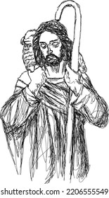 Jesus the Good Shepherd with lamb and wooden staff. Isolated sketch drawing, vector illustration. Minimalist art.