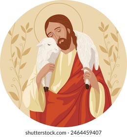 Jesus the Good Shepherd.History of Jesus Christ.Round composition, background with plant elements.Vector religious illustration isolated