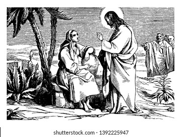 Jesus with halo around his head speaking to a woman sitting on the edge of the well, she resting her arm on water pot, group of men pointing at Jesus, vintage line drawing or engraving illustration