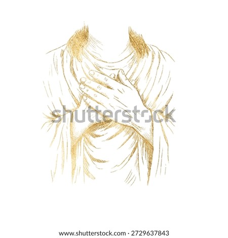 Jesus Hand on heart gesture of compassion and faith, golden pencil sketch religious illustration with biblical clothing folds. Symbol of sincerity, mercy, devotion, humility, spiritual emotion