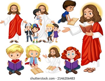 Jesus and happy children reading book illustration