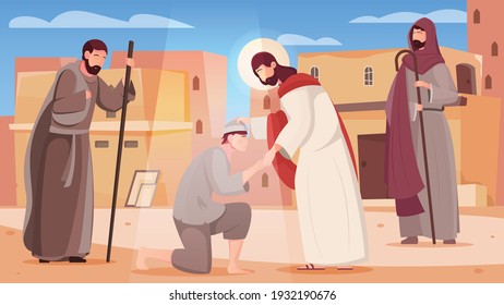 Jesus healing people with his hands flat vector illustration