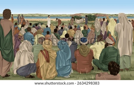 Jesus healing the sick, surrounded by great multitudes of people, before the feeding of the five thousand.  Biblical story as told in Matthew 14:13-20.