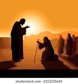 Jesus heals blind man golden hour silhouette vector illustration