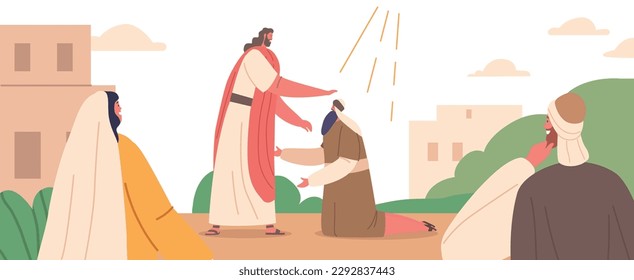 Jesus Heals Male Character Standing on Knees, Performing Miracles Of Physical And Spiritual Healing, Vector Illustration