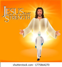Jesus with health worker walking vector illustration