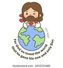 Jesus com o Gesto da Mão do Coração sobre a Terra com a Bíblia citação João 3:16 Verso da Bíblia e Copas Ilustração Vetor