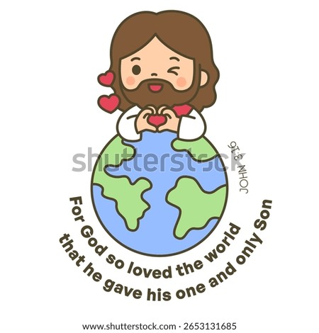 Jesus with Heart Hand Gesture over Earth with bible quote John 3:16 Bible Verse and Hearts Vector Illustration