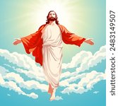 Jesus in the heaven with a halo. Ascension Day of Jesus Christ design vector illustration.