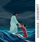 Jesus helps Peter not to drown by holding his hand and pulling him out of the water. Vector illustration. Biblical Series