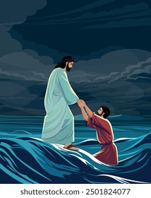 Jesus helps Peter not to drown by holding his hand and pulling him out of the water. Vector illustration. Biblical Series