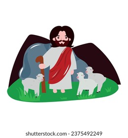Jesus herding sheep. cave, green park, holly book, 