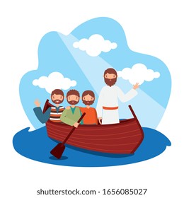 Jesus with his disciples in the boat. vector illustration