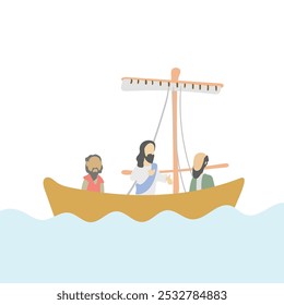 Jesus and his first disciples Simon Peter and Andrew who were fishermen on boat illustration vector isolated on white background