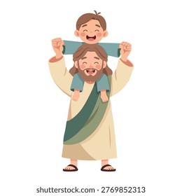 Jesus holding child in affectionate pose warm tones minimalist family scene