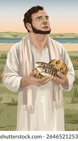 Jesus segurando os cinco pães e dois peixes, olhando para o céu.  Imagem bíblica representando a Alimentação dos 5000.