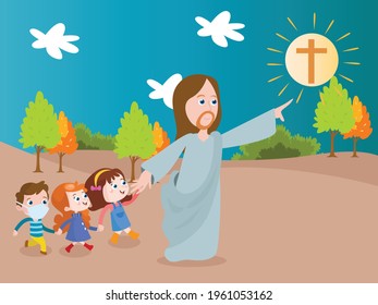 Jesus holding hands with kids cartoon 2d vector concept for banner, website, illustration, landing page, flyer, etc.