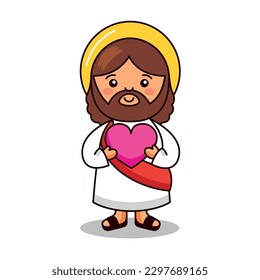 Jesus holding heart cartoon isolated. vector illustration