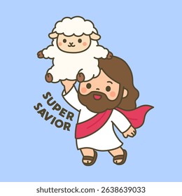 Jesus holding up a lamb with a red cape and the words Super Savior