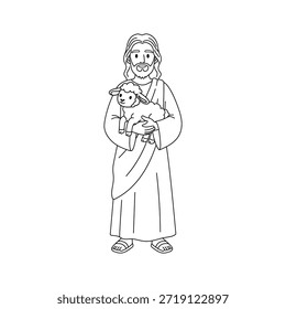 Jesús sosteniendo la Ilustración vectorial de cordero, Vector de contorno de dibujos animados de Jesucristo simple, ilustración de contorno para colorear de Jesucristo, Vector Doodle de cristianismo simple.