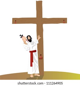 jesus holding three nails on his hand with cross