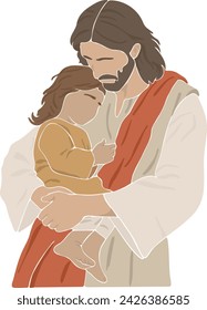 Jesus holds a little girl in his arms, boho silhouette, christian vector illustration