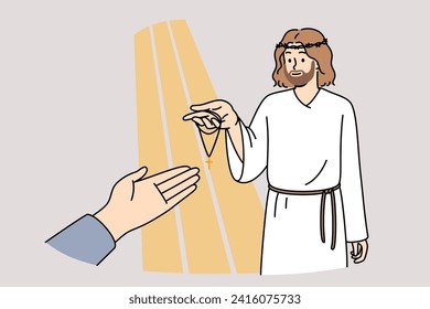 Jesus holds out cross to believer to protect from misfortune and help not to commit sins. Hand of christian reaches out to jesus with crown of thorns on head during second coming from prophecies