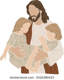 Jesus holds two little girls in his arms, boho silhouette, christian vector illustration