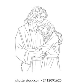 Jesus hug comfort crying child feel supportive show love and care. Christ embrace support unhappy sad kid distressed with problems.