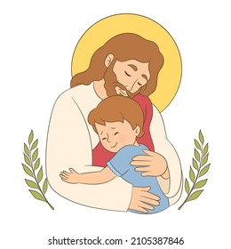  Jesus Hugging a little boy, feeling love and care, in the arms of the savior.