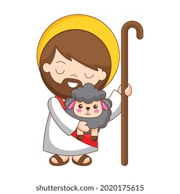 Jesús abraza una caricatura de oveja oscura aislada sobre fondo blanco. ilustración vectorial