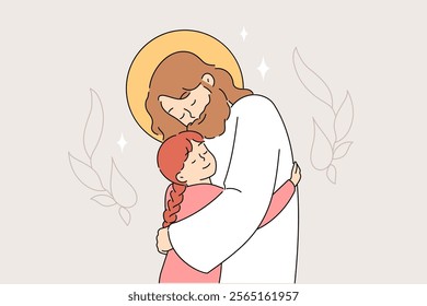 Jesus hugs little girl, demonstrating god love and protection for christians and catholics. Happy child feels safe through believing in jesus christ and praying in church on saturday service