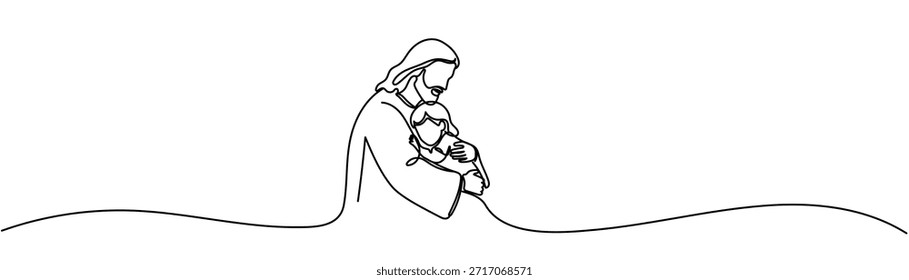 Jesús abraza a un hombre Dibujo continuo de una línea. sin fondo. Trazo editable