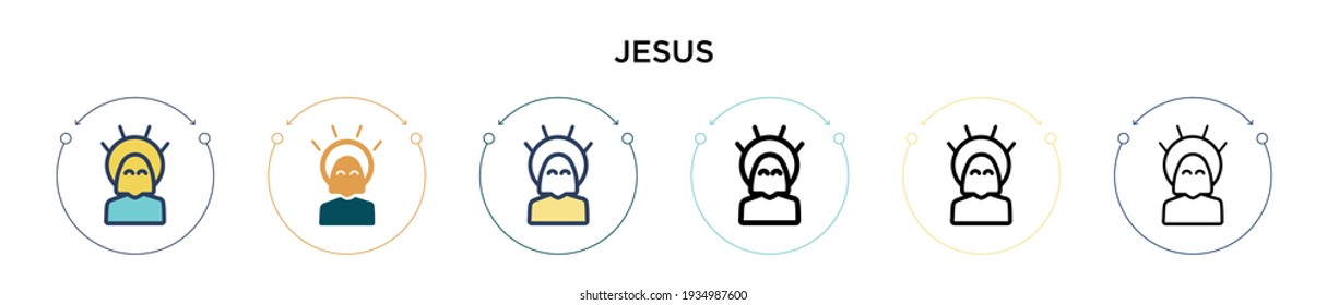 Icono de Jesús en el estilo relleno, delgado, contorno y trazo. Ilustración vectorial de dos iconos vectoriales de jesús de color y negro se puede utilizar para móviles, ui, web
