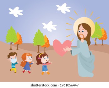 Jesus with kids cartoon 2d vector concept for banner, website, illustration, landing page, flyer, etc.
