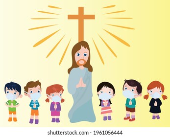 Jesus with kids wearing facemask cartoon 2d vector concept for banner, website, illustration, landing page, flyer, etc.
