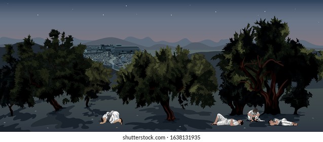 Jesus Knelt Down Praying in the Olive Grove, Gethsemane, overlooking Jerusalem, as his Disciples Sleep