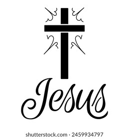 Jesus Lettering. Calligraphy. Handmade. T-shirt, Mug, Gifts, Flyer Stamp. Isolated Black and White Vector.