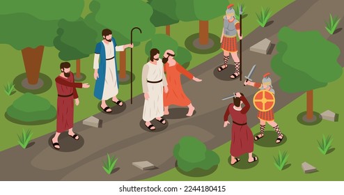 Jesus life background with Judas kiss symbols isometric vector illustration