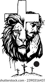 Jesus Lion and Cross Laser Cut File, Faith, Jesus Praying with Lion, Jesus on Cross, Jesus Silhouette, Lion, Lion Of Judah svg