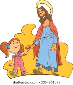 Jesus and little girl walking peacefully hand in hand