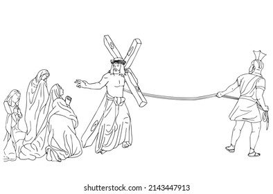 Jesus is looking to women and soidier, vector.