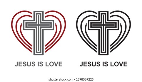 Jesus is love, logo. Christian cross and heart, religion concept.