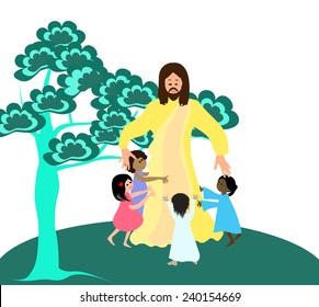 Jesus loves the little children.Let the children come to me-Vector illustration 