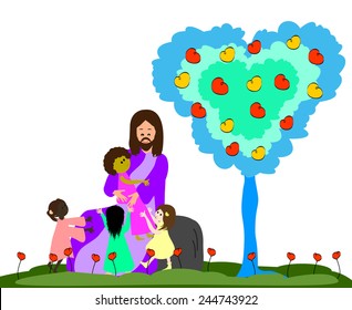 Jesus loves the little children. Let the children come to me-Vector illustration