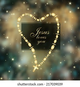 Jesus loves you with Christian Cross in a heart shape over abstract cosmic background, vector