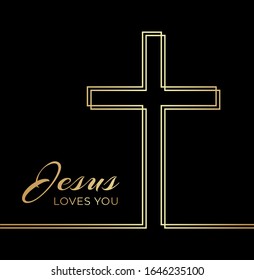 Jesus Loves You Christian Elegant Illustration with Cross in Black and Gold Background